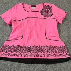 Baby Phat Womens Pink Scrub Top XL Mandala Embroidery Y2K Medical Uniform